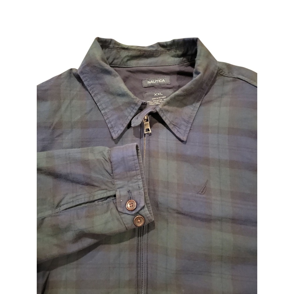 Nautica XXL Plaid Bomber Jacket Blue Black Cotton Wool Zip Front Lined Classic